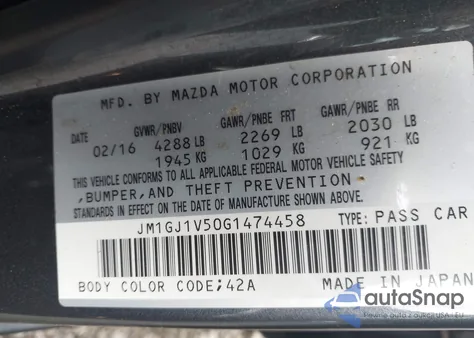2016 Mazda Mazda6 I Touring from USA, damaged, VIN JM1GJ1V50G1474458